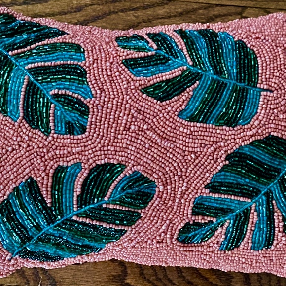 Beaded Throw Pillow. Coral Pink and Green Indian Decor. 10" by 14" Like New - Picture 6 of 9